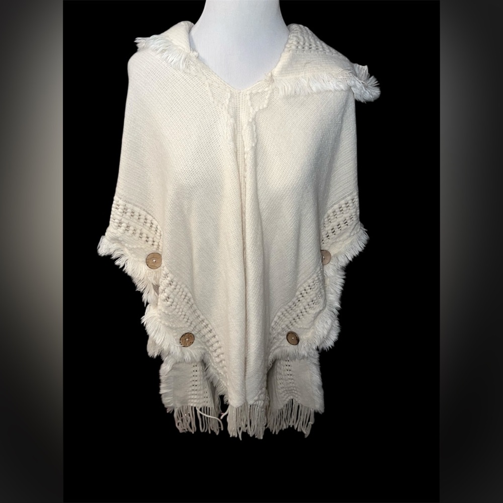 Main Strip Cream Fringe Hooded Poncho